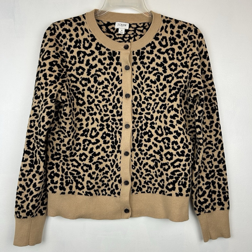 J Crew Animal Print Cardigan Women Small Leopard Classic Preppy Old Money Office